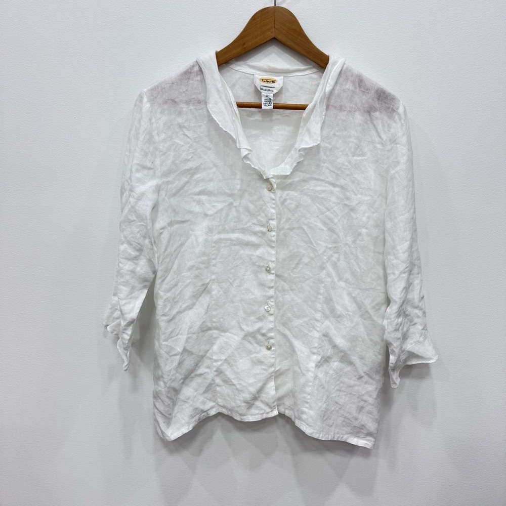 Vintage Talbots Irish Linen Ruffle Button Down Blouse Size 12 Feminine Prairie